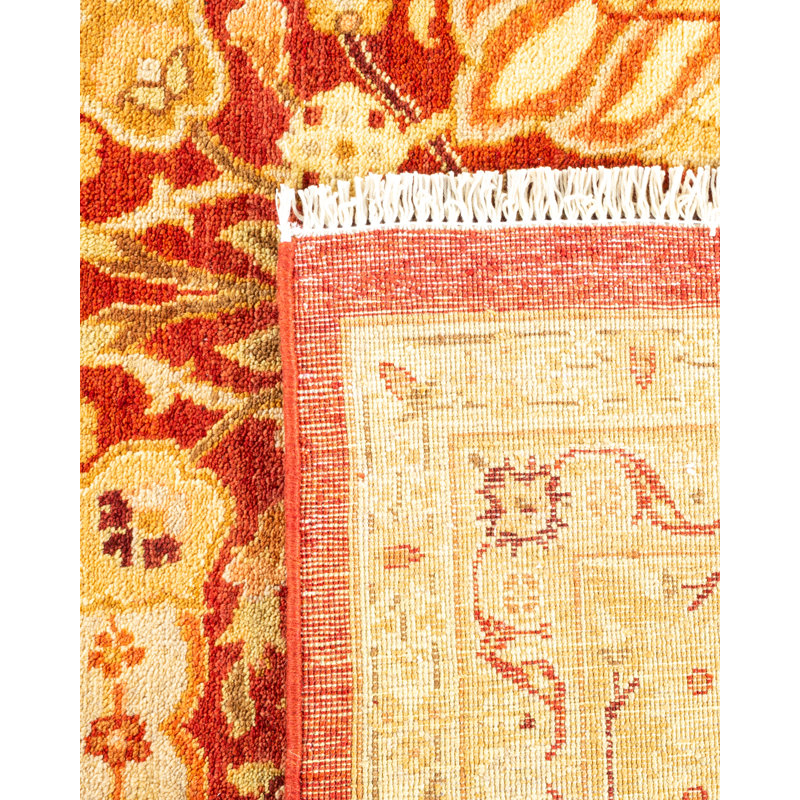 Tapis unique en laine noué à la main 8 pi x 10 pi 9 po nouvel âge Michelina - orange / rouge / beige
