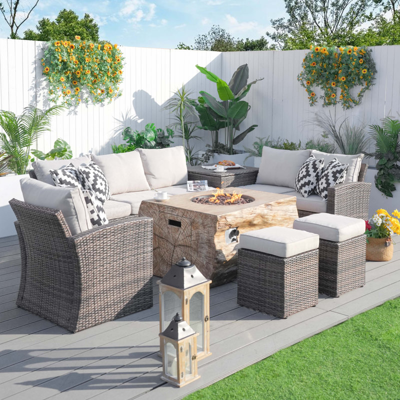 Small Firepit With 1403B Wicker 8 - Person Patio Conversation Set with Cushions