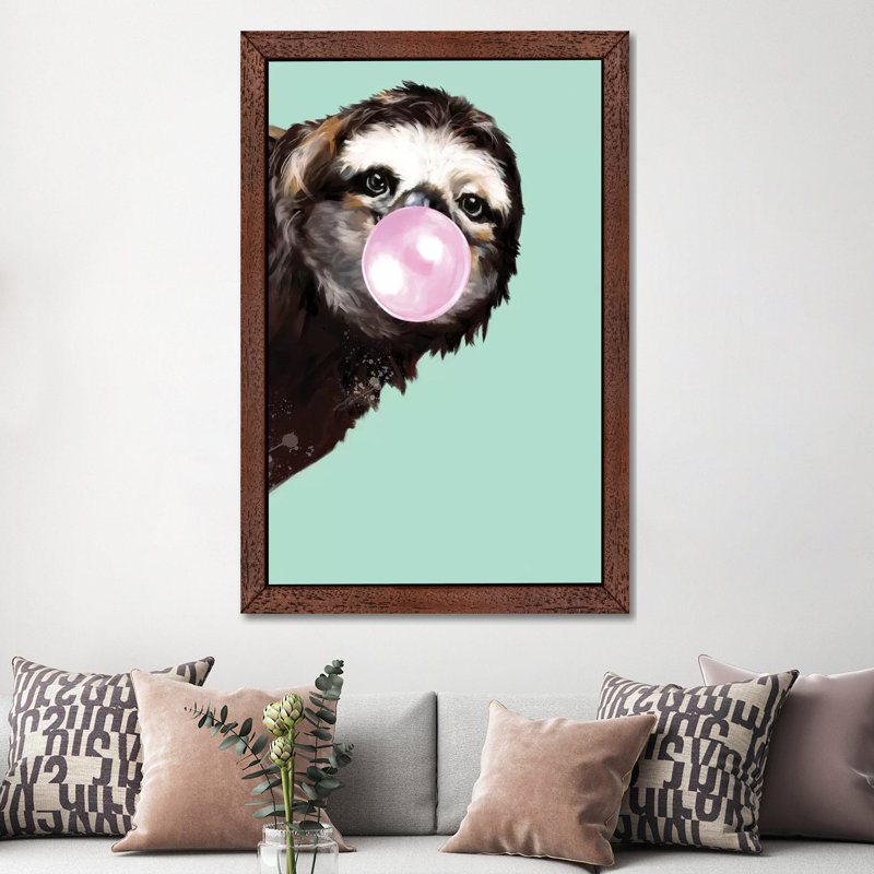 Sneaky Sloth Blowing Bubble Gum In Green by Big Nose Work - Print on Canvas, 101.6 cm H x 66.04 cm W x 3.175 cm D