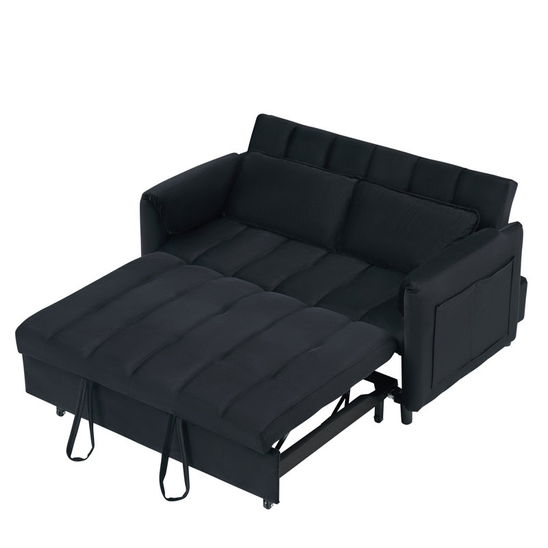 52" Modern Velvet Sofa Bed - 3-In-1 Convertible with Pillows & Side Pockets, Black