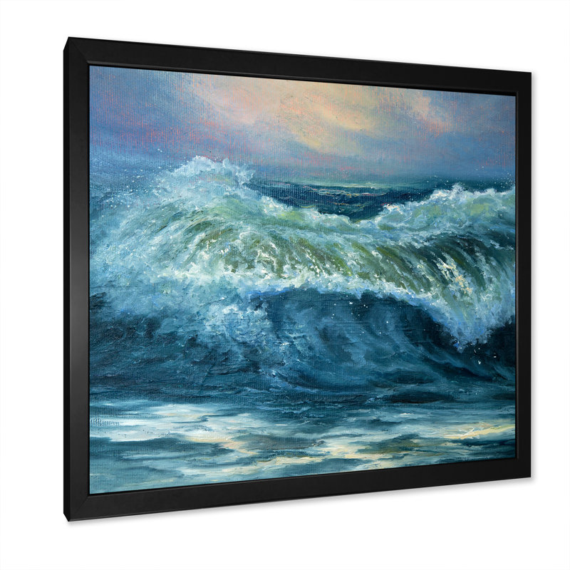 Vagues de l'océan bleu sauvage - XIXe, Toile avec cadre noir, H 16 po x l 16 po x P 1 po