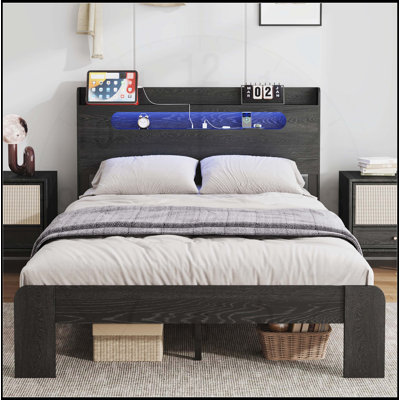 Structure de lit plateforme très grand en bois avec rangement, tête de lit à DEL, 2 ports USB, aucun sommier requis, assemblage facile, noir