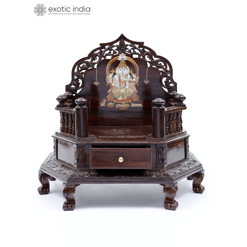 «Lord Ganesha Inlay Mandasana», autel de temple en bois sculpté à la main de 28 pouces