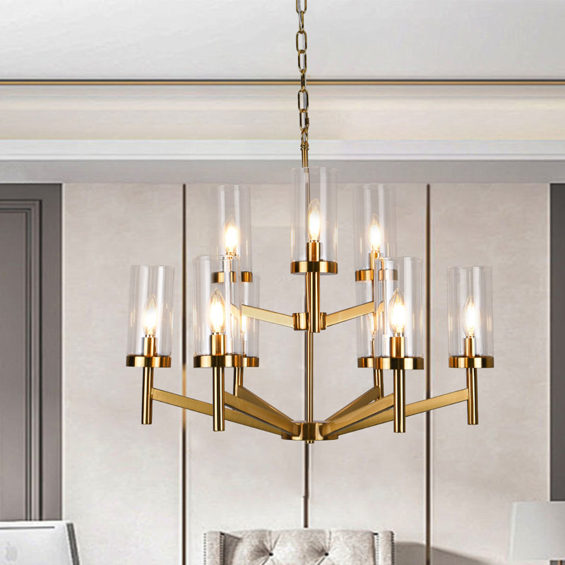 Lustre gradué à 9 lumières à niveaux, Doré
