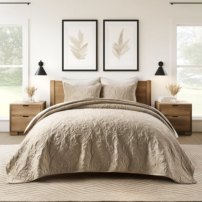 PearlVelvet Paisley Stitch Quilt set, Taupe, Queen Quilt + 2 Standard Shams