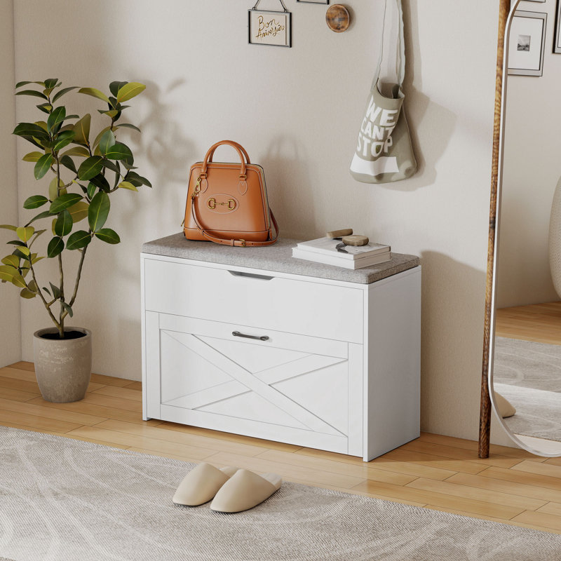 Banc à chaussures avec tiroir rabattable, banc d'entrée à coussin relevable, blanc, Blanc