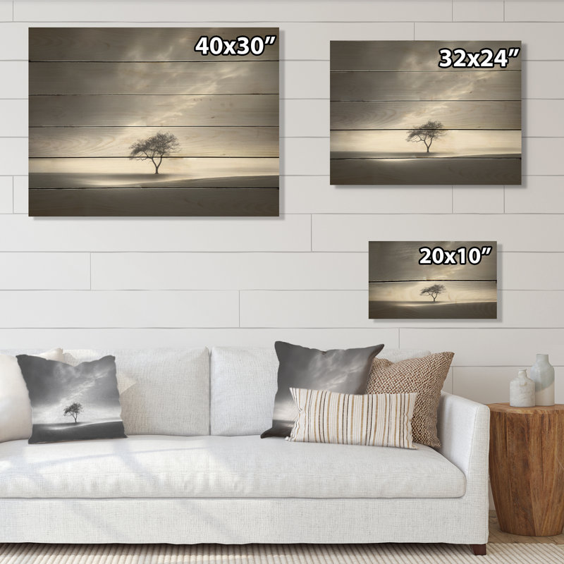 Horizon d'arbre monochrome noir et blanc - coucher de soleil côtier, art mural sur bois de pin naturel, H 24 po x l 32 po