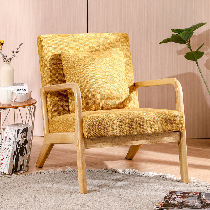 Fanci 25.6" Wide Accent Chair, Yellow Linen / Medium Yellow Wood