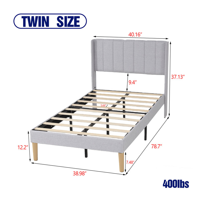 Upholstered Wingback Platform Bed, Light Gray, Twin