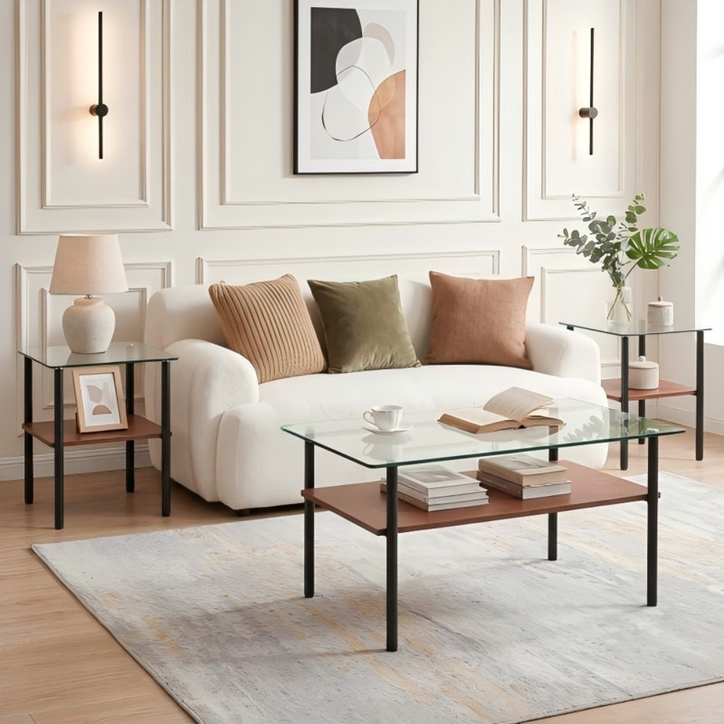 Ensemble de 3 tables basses modernes avec 2 tables de bout, plateau en verre trempé et tablette de rangement, ensemble de meubles de salon
