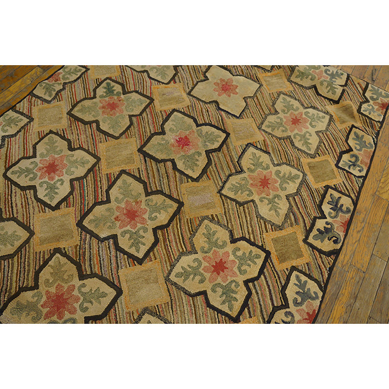 Small Square Floral Grid Pattern Antique American Folk Art Hooked Rug