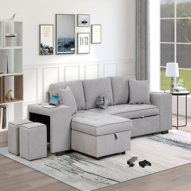 3 Seat Sectional Couch with Storage Chaise and 2 Stools for Living Room Furniture Set