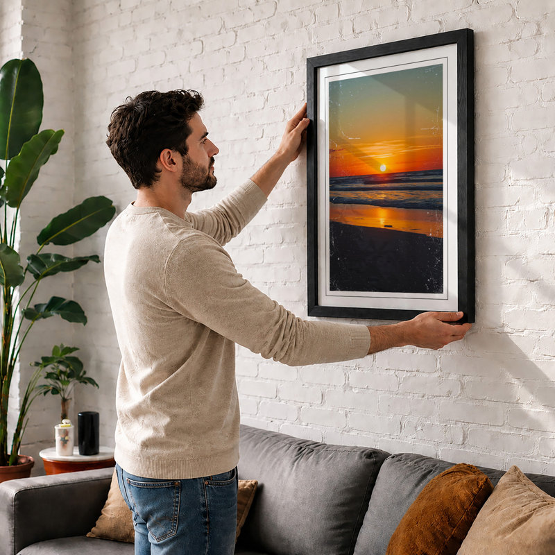 Sunset Over Water Coastal - Framed Print, A4 - 29.7 x 21.0 cm, White