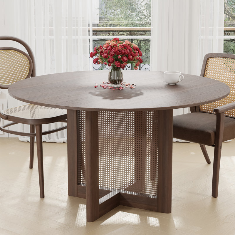 Round Solid Wood Dining Table with Rattan Pedestal, 30"H x 52"L x 52"W, Walnut
