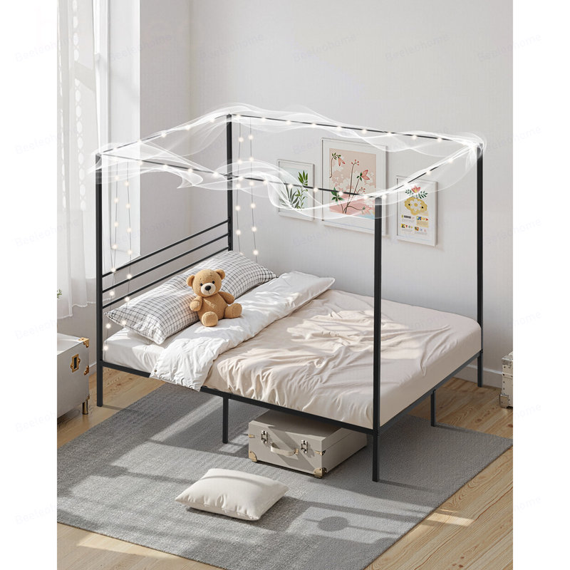 Structure de grand lit à baldaquin, lit à baldaquin en métal avec quatre affiches, support de lattes en acier robuste, espace de rangement sous le lit, aucun sommier requis, assemblage facile