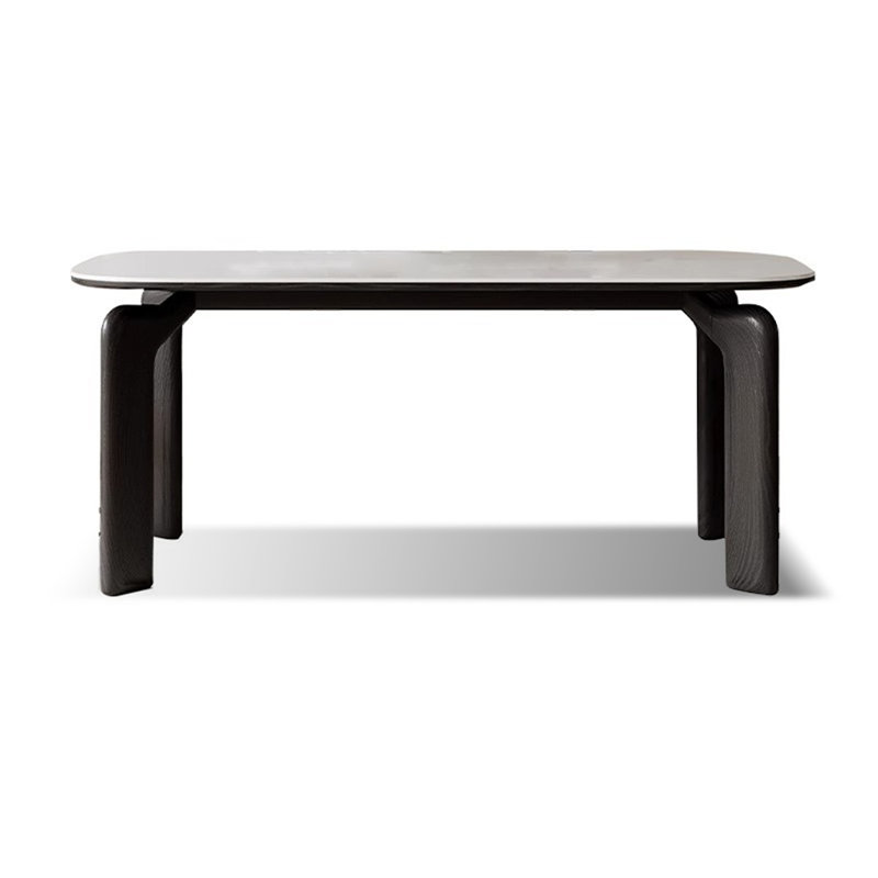 White + Black Rectangular Sintered Stone + Solid Wood Dining Table, 29.53"H x 62.99"L x 31.5"W