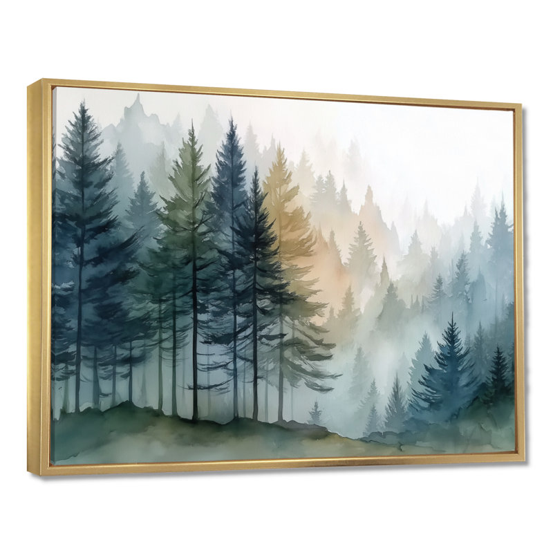 «Morning Fog Pine Tree Mountain Trail», reproduction d'art sur toile encadrée en pin, H 16 po x l 32 po, Cadre flottant, Doré