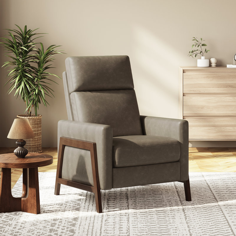Mid-Century Modern Push-Back Recliner Chair, PU Leather Armchair, Gray