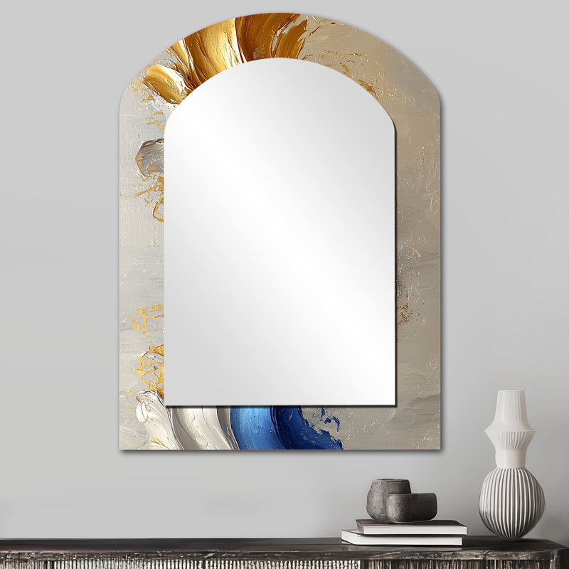 «Rhythmic Golden Ink Waves Fusion III - Maze», grand miroir mural asymétrique, 34 po x 25 po