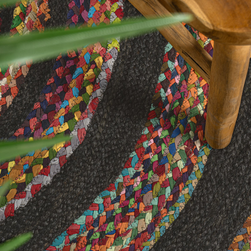 Tapis rouge / multicolore en jute tressé bohémien côtier Michaell Abyss, Rond 5 pi