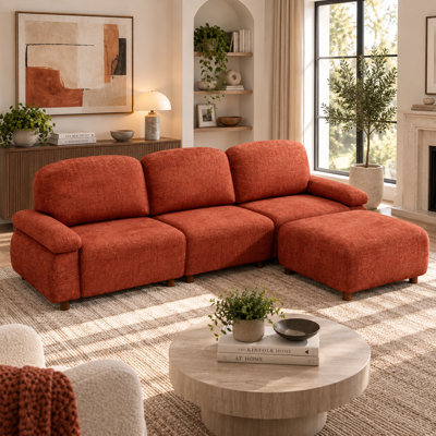 Canapé d'angle modulaire moderne de 282 cm (111 po), revêtement en chenille, pouf amovible et assise profonde, orange foncé