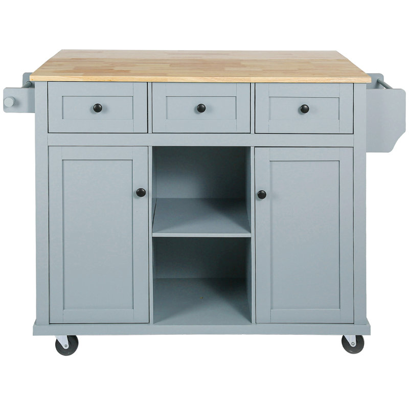 Kitchen Cart With Rubber Wood Drop-Leaf Countertop ,Cabinet Door Internal Storage Racks,Kitchen Island On 5 Wheels With Storage Cabinet And 3 Drawers For Dinning Room