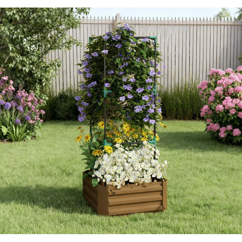 Lit de jardin, jardinière galvanisée, jardin surélevé avec cage pour vignes grimpantes, Brun