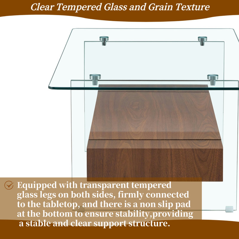 Table basse moderne avec pieds en verre avec rangement double et tiroir, Brun