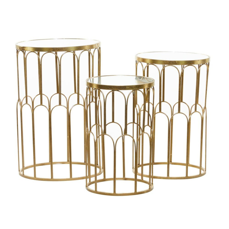 Etchison 3 Piece Gold Metal Accent Table with Mirrored Glass Top Set, 22", 25", 28"H