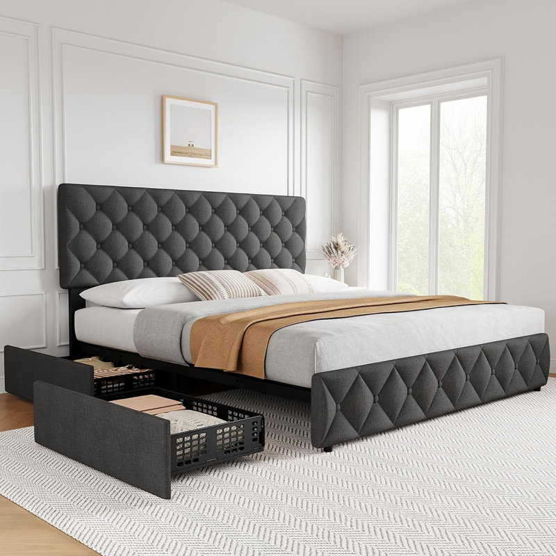 Structure de lit avec 4 tiroirs de rangement, structure de lit tapissier en lin avec tête et pied de lit, Très grand lit