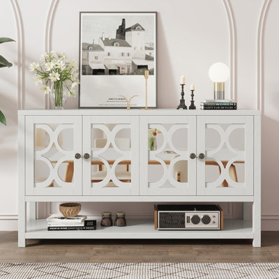Console polyvalente rétro avec portes en miroir et pieds en bois robustes pour la maison