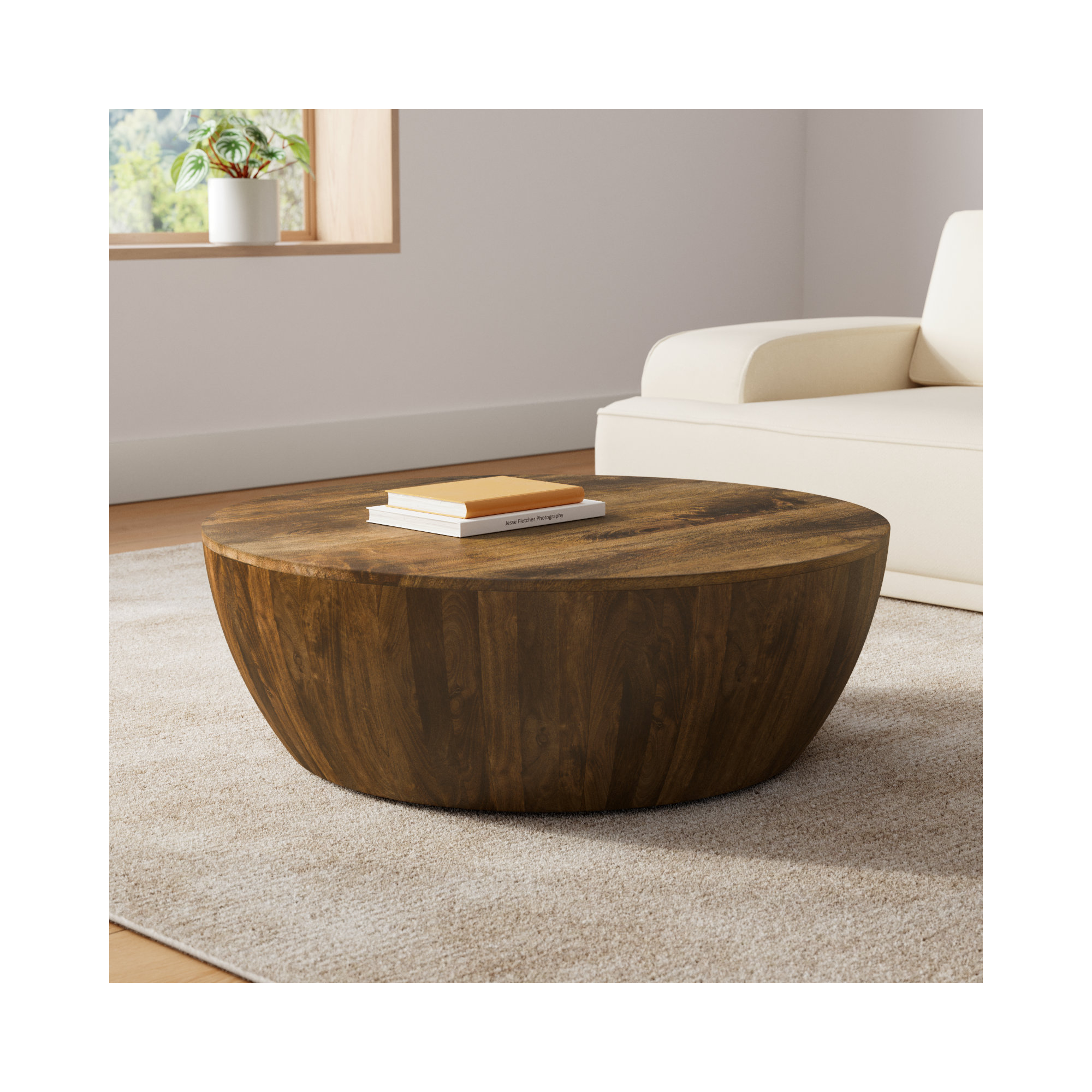 Mango Wood Drum Coffee Table, Walnut