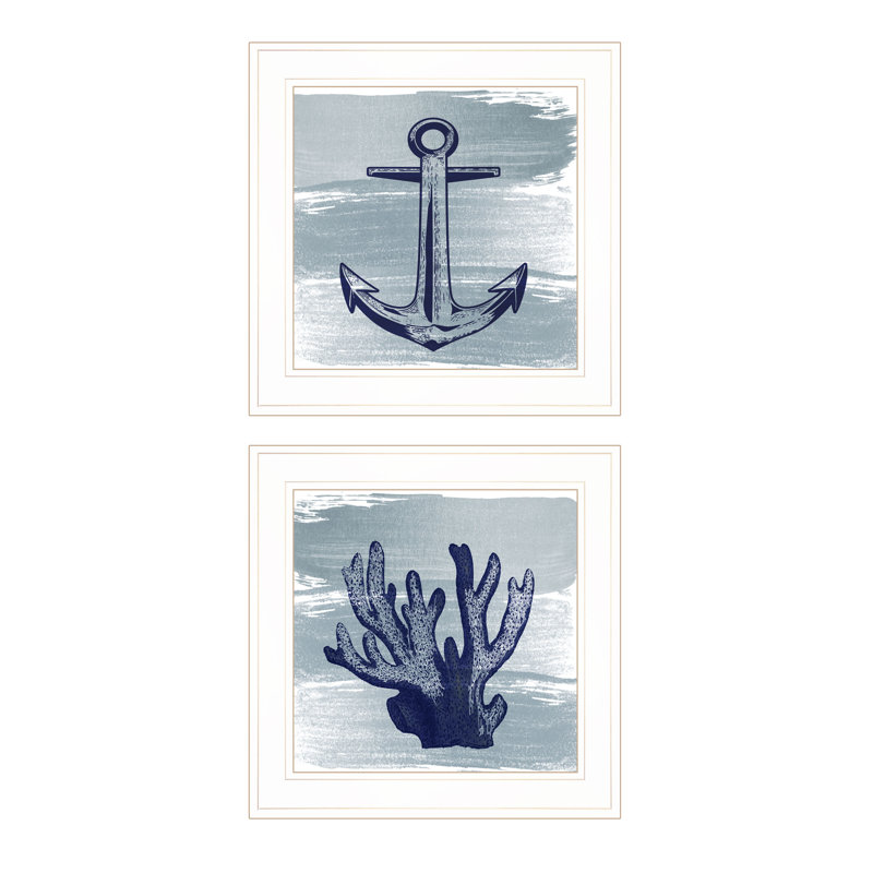 «The Beach Coastal Collection», art mural encadré pour le salon et la maison par Bluebird Barn, Cadre blanc