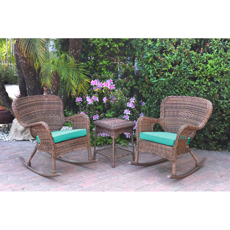 Chaise berçante en osier et table de bout avec coussins Windsor, Miel, Turquoise