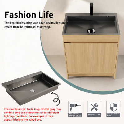 Armoire utilitaire autoportante pour meuble-lavabo 28 po avec lavabo en acier inoxydable et tuyau de vidange flexible, porte à fermeture en douceur, chêne, contreplaqué, emballage KD