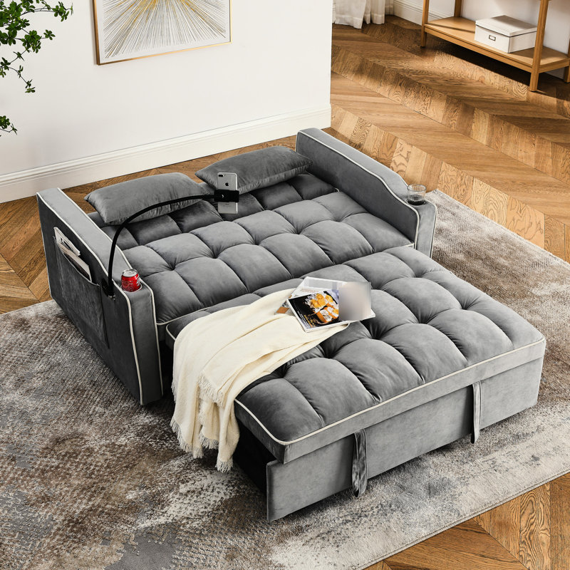 Lit à dossier réglable moderne pliable en velours gris avec support pour téléphone