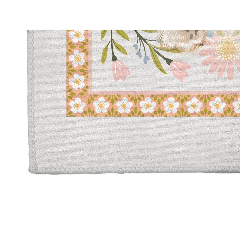 Dormer Lying Leopard Flowers Blue Indoor Doormat, 48" W x 72" L, Ivory