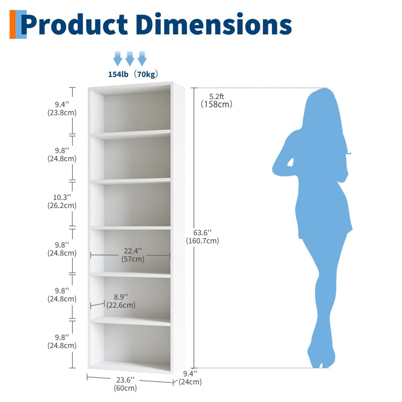 6 Tiers Standard Bookcase Storage and Display Bookshelf, White, (6 Shelves) 63.6"H x 21.6"W x 9.4"D