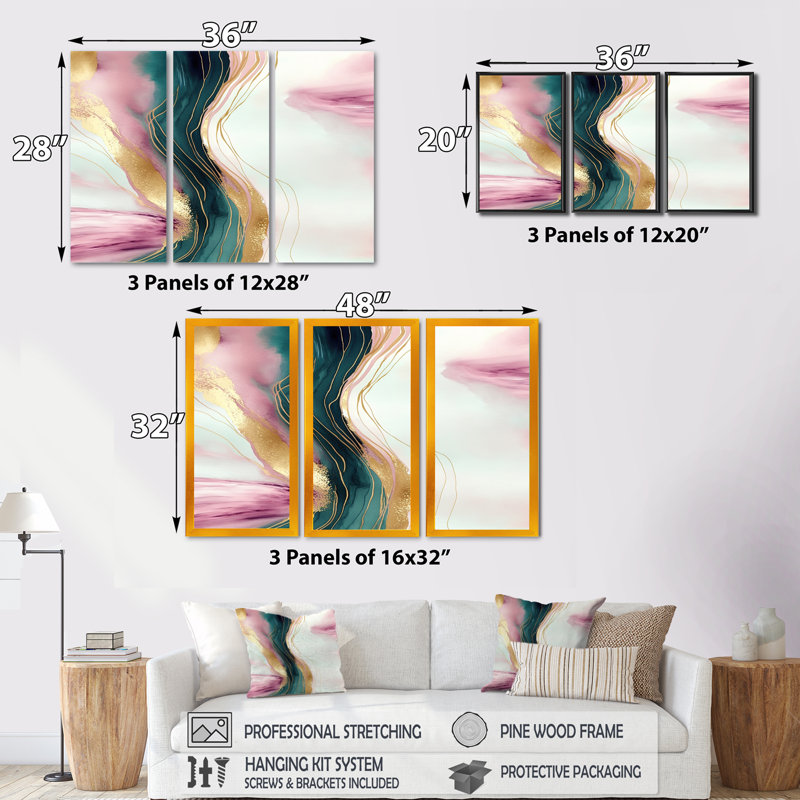 Géode abstraite, marbre rose et vert III, reproduction sur toile 3 pièces, Cadre flottant blanc, H 32 po x l 48 po x P 1 po