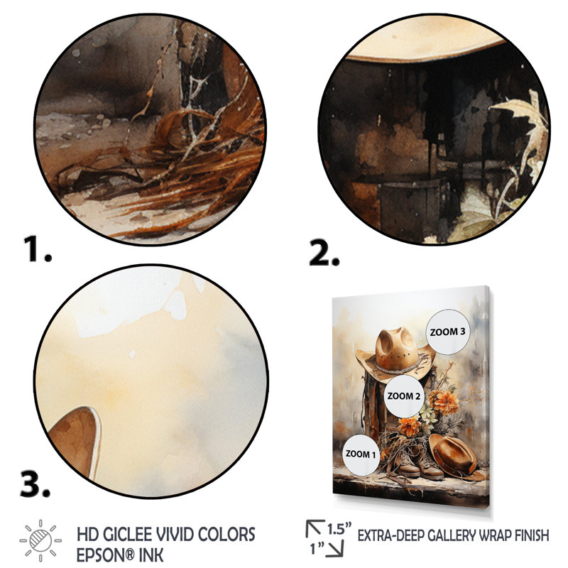 Yerly minimalisme, chapeau de cowboy et botte II - Cowboys, art mural, H 44 po x l 34 po x P 1,5 po, Toile tendue