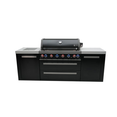 Mont Alpi Black Stainless Steel 94"W x 23"D x 46"H Premium Modular Outdoor Kitchen Island + Side Burner + 44"W 6-burner BBQ Grill + White Granite Countertops + Storage Cabinets & Drawers + Rotisserie + Cover + Natural Gas Convertible + Lifetime Warranty