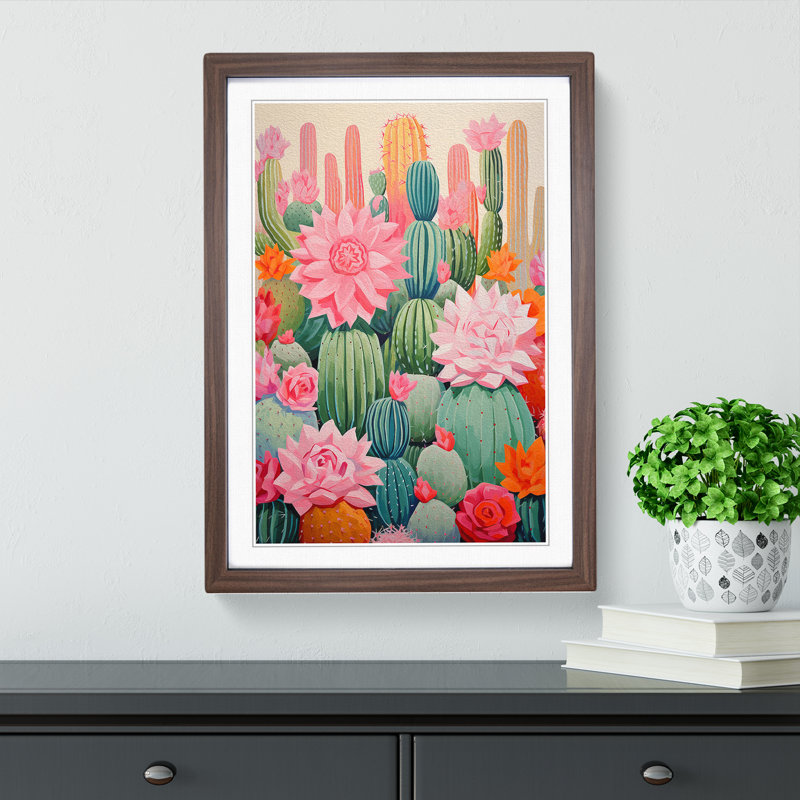 Cactus Abstract Art - Framed Print, 46cm H x 34cm W x 2cm D, Walnut Framed