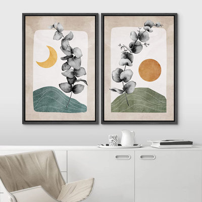 IDÉE4WALL, reproduction d'art sur toile encadrée, croissant de lune, soleil, forêt, fleur, paysage, nature sauvage, illustrations, art moderne, rustique, décoratif pour le salon, la chambre à coucher, bureau, 16 po x 24 po x 2 po