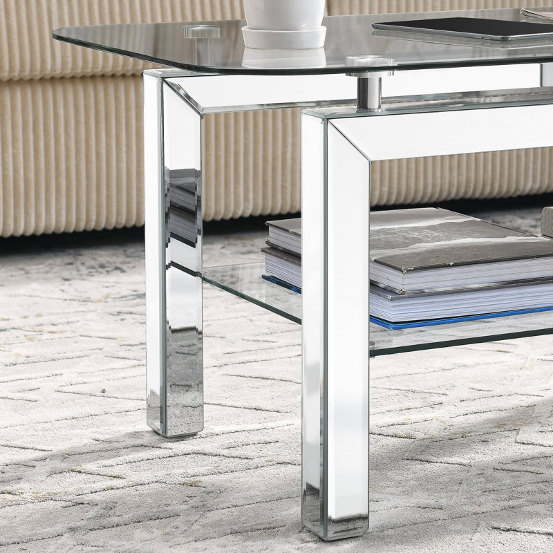 Rectangular Glass Coffee Table With Mirrored Legs And Sleek Appearance Oval Tempered Practical Storage Feature