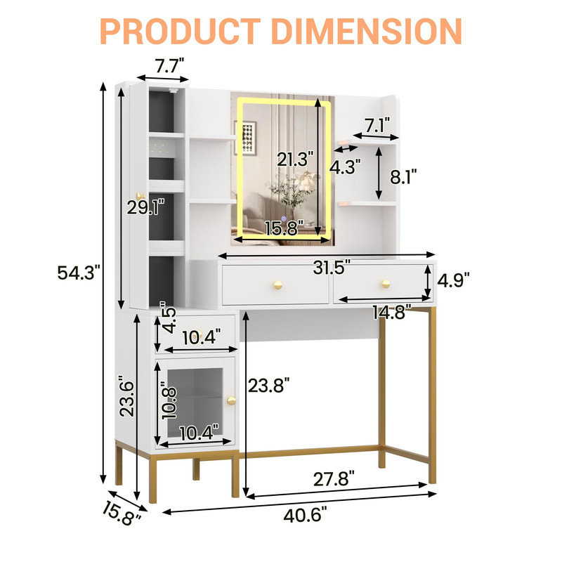 Bureau de coiffeuse blanc avec miroir et lumières, table de maquillage à DEL avec station de charge et rangement pour bijoux pour la chambre à coucher