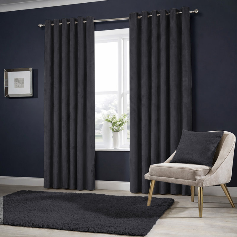 Winkel Heavy Velvet Eyelet Ready Made Thermal Drapes & Curtains, (228 Width X 228 Height) cm, Charcoal