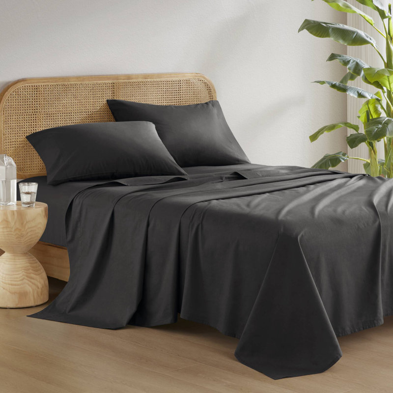Cotton 144TC Black Breathable 100% Cotton 4-Piece Full Sheet Set, Black, Full Sheet Set with 2 Pillowcases
