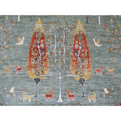 Tapis oriental rond 10 pi x 10 pi vert sauge, Peshawar avec cyprès, noué à la main, laine de haute montagne, tissage dense,