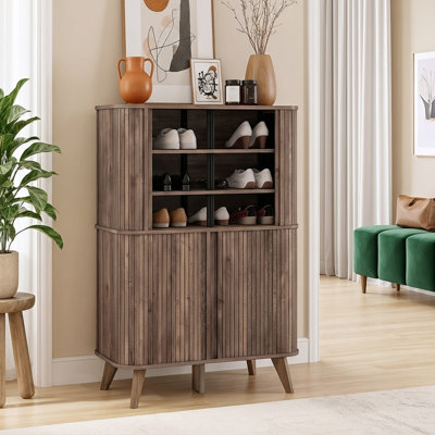 Aurel  Mid-Century 18-Pair Shoe Cabinet with Fluted Sliding Doors