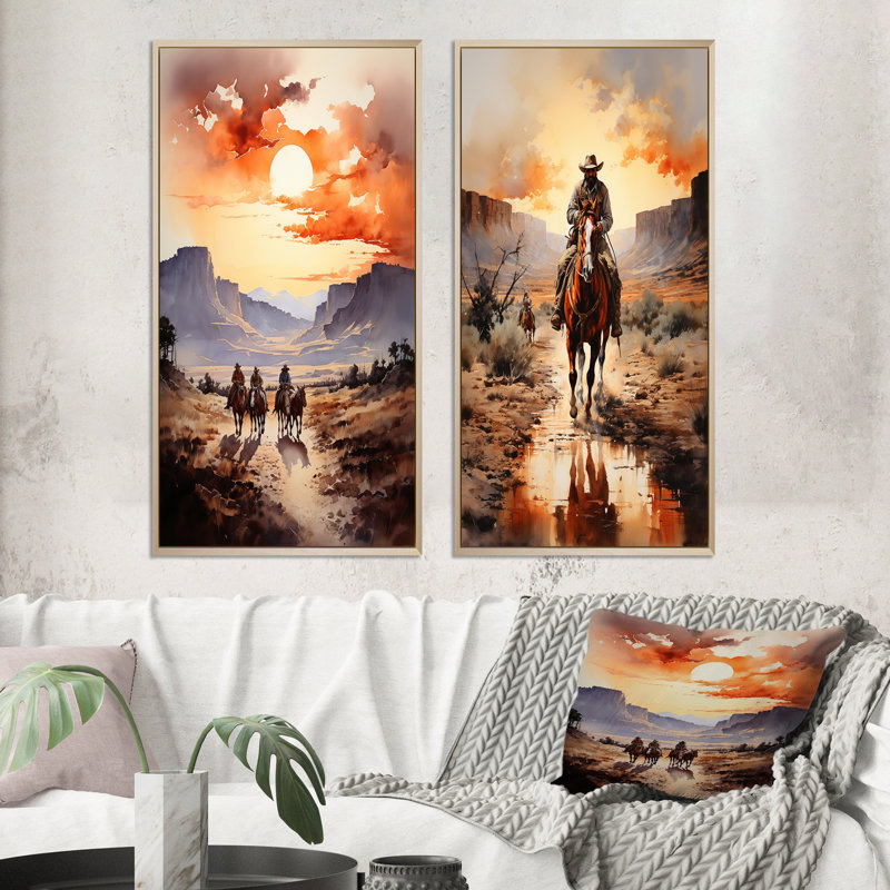 " Cowboy Chasing The Sunset " 2 - Pieces, 40" H x 40" W, Brown Framed
